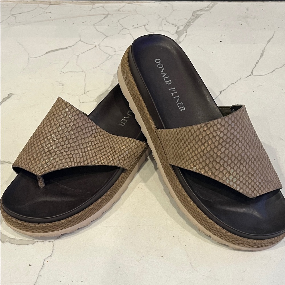 Donald J. Pliner Taupe Snake-Texture Platform Slide Sandals